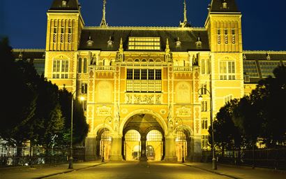 Rijksmuseum in Amsterdam by floodlights