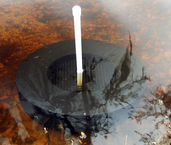 'Snail Busters' apple snail trap 'Snail Busters' apple snail trap as deployed in shallow water