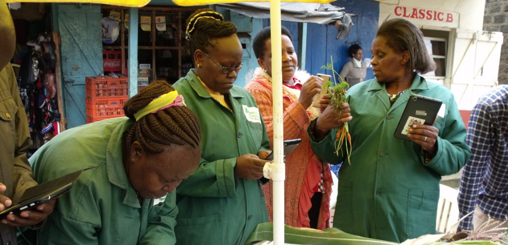 Farmer attending Plantwise clinic in Kenya with three plant doctors