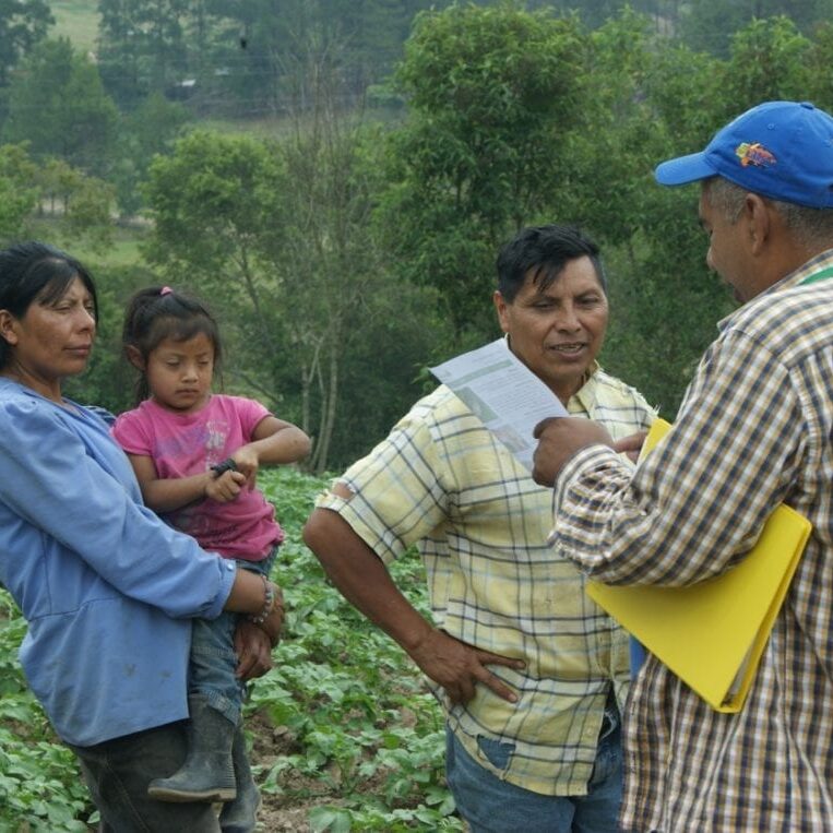 Family in field with plant doctor giving advice