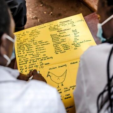16 March 2021, Gatundu, Kiambu County, Kenya - Members of Kahuruko Farmer Field School prepare boards with information about AMR and chicken farming as an activity for the Farmer Field School at a farm in Kahuruko near Gatundu, Kiambu County, Kenya on March 16, 2020.
Antimicrobial resistance is the ability of a microorganism to survive and grow in the presence of antimicrobial drugs that were killing or destroying it before. AMR develops naturally, but slowly, and can be accelerated by overuse or misuse of antimicrobial drugs. The emergence and spread of antimicrobial resistance (AMR) in several microorganisms is complicating the management of many infectious diseases. AMR is a major threat to human development and the fight against infectious diseases. It endangers animal health and welfare, as well as food production. AMR also adversely affects the functioning of human, animal and plant health systems and economies.
Interventions were set up by FAO and GoK in Gatundu North to target timely vaccinations, hygiene and proper feeding of the birds to prevent disease, reducing the use of drugs to stop AMR. The interventions were based on Farmer Field School (FFS) approach, where farmers (3 farmer groups) have been meeting at the demo farms (3 farms) on a weekly basis since September 15th 2020. In each of the FFS trainings, two facilitators (previously trained on how to run FFS) are engaged to guide the discussions. 
Photo credit must be given: &amp;copy;FAO/Luis Tato