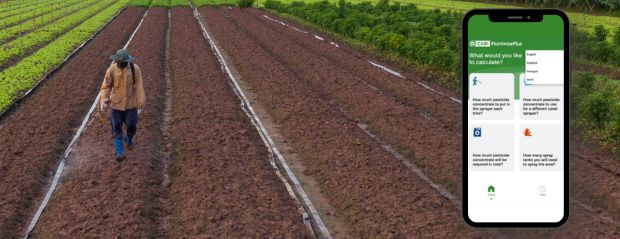 A man spraying his field overlaid with a mobile phone showing the crop sprayer app